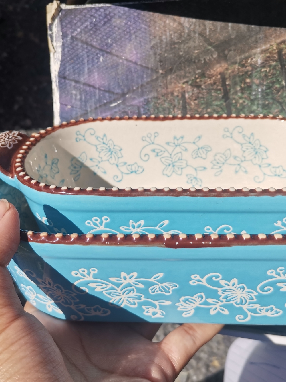 Temp-Tations Turquoise and Brown Floral Ceramic Serving Dish